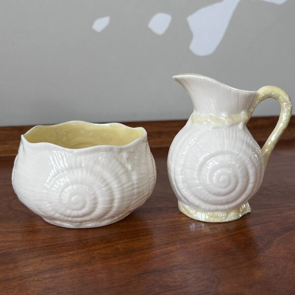 Vintage Belleek Seashell Nautilus Lustre Creamer & Sugar Bowl Green Mark Ireland - Picture 3 of 13
